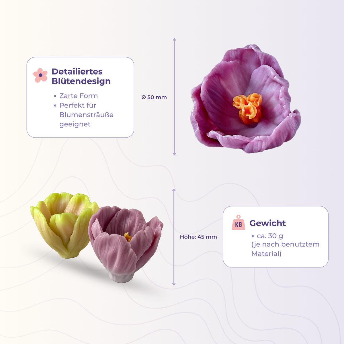 Blume 11 aus der 3D-Silikonform – Maße und Gewicht des Gießlings