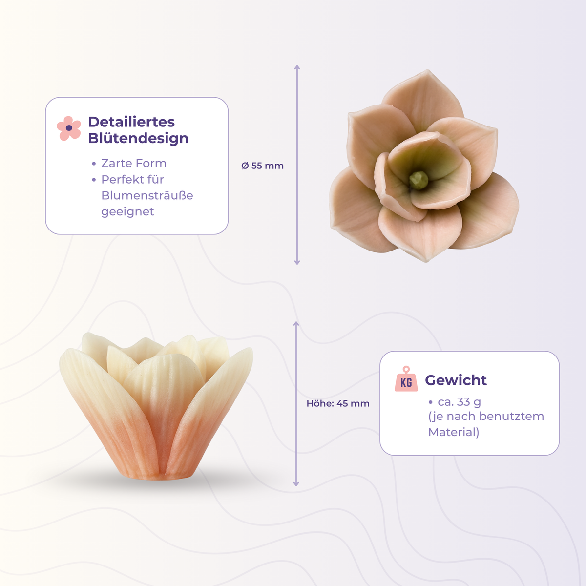 Blume 14 aus der 3D-Silikonform – Maße und Gewicht des Gießlings