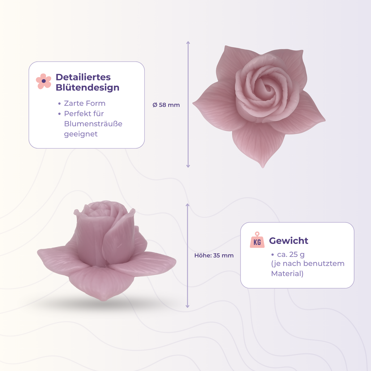 Blume 15 aus der 3D-Silikonform – Maße und Gewicht des Gießlings