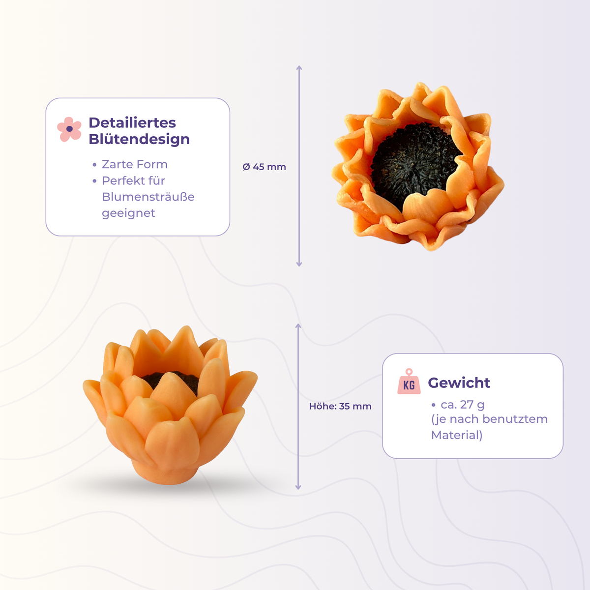 Blume 19 kleiner aus der 3D-Silikonform – Maße und Gewicht des Gießlings