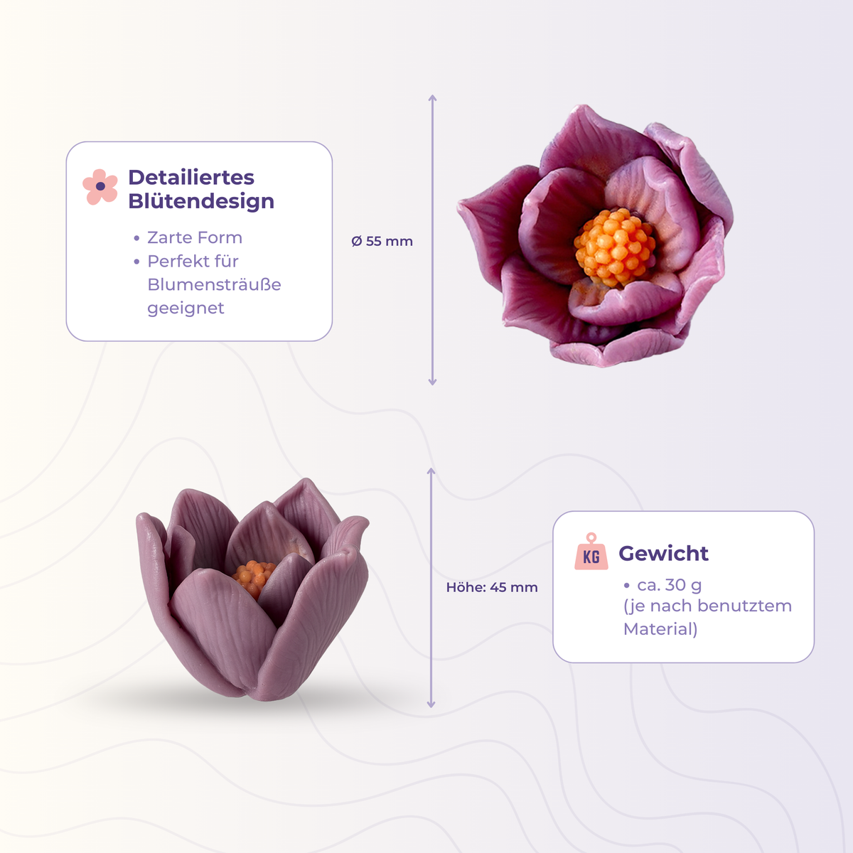 Blume 25 aus der 3D-Silikonform – Maße und Gewicht des Gießlings