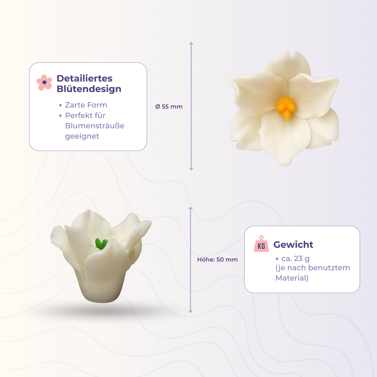 Blume 5 aus der 3D-Silikonform – Maße und Gewicht des Gießlings