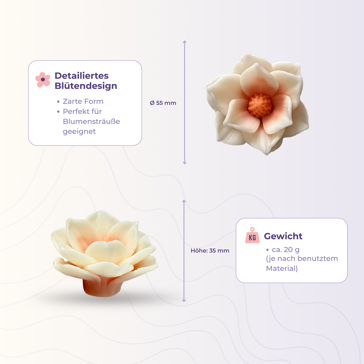 Blume 51 aus der 3D-Silikonform – Maße und Gewicht des Gießlings