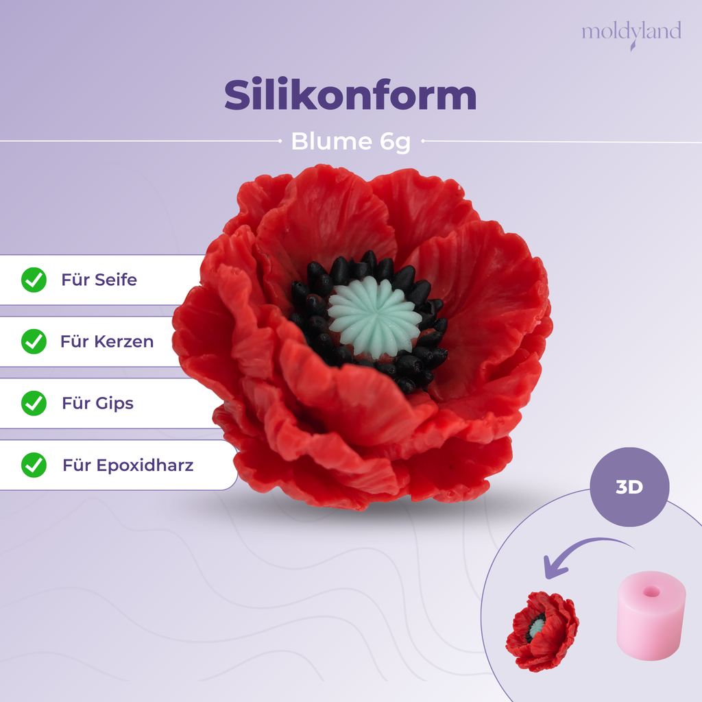 3D-Silikonform Mohnblume 6 groß – Gießform für Seife, Kerzen, Gips und Harz