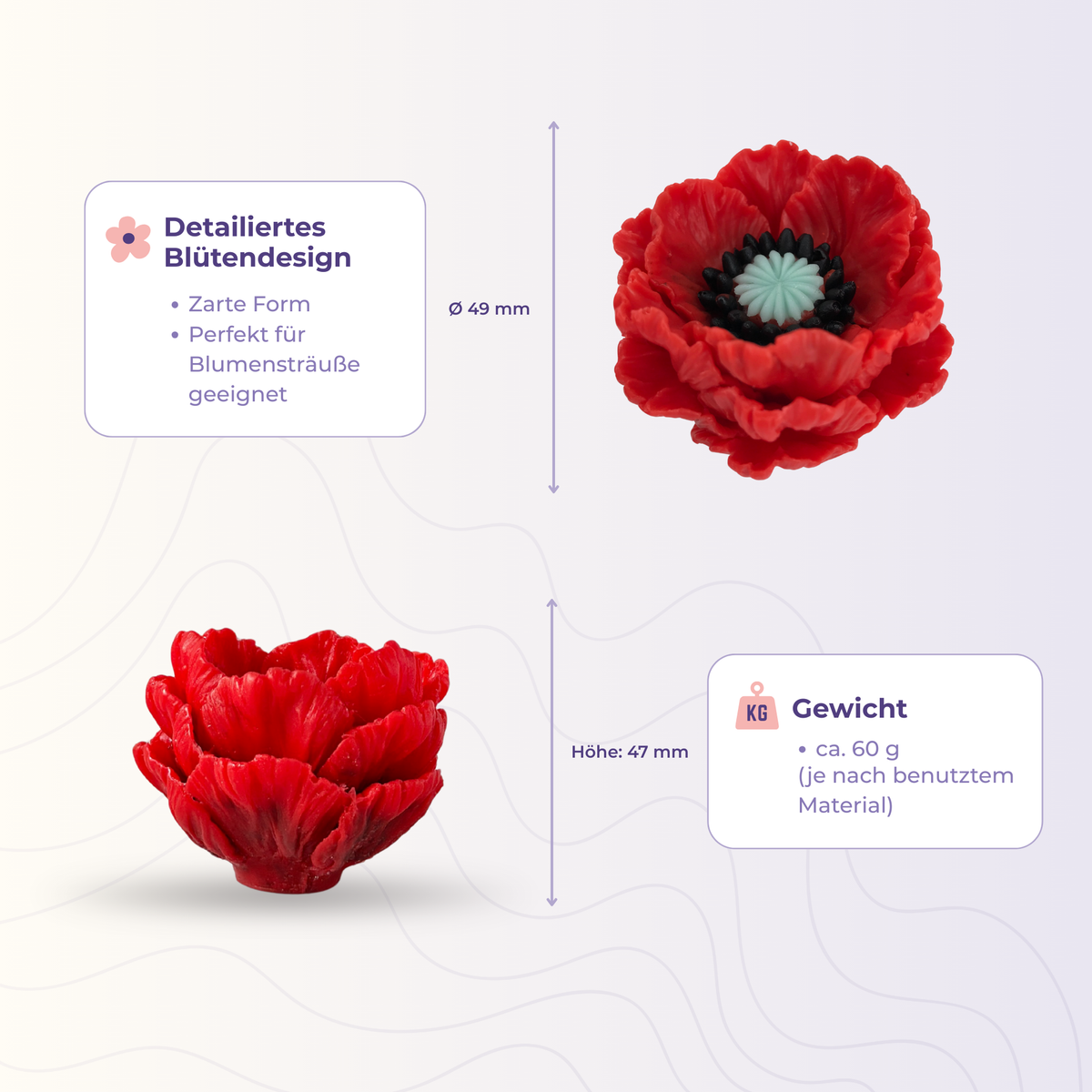 Mohnblume 6 groß aus der 3D-Silikonform – Maße und Gewicht des Gießlings