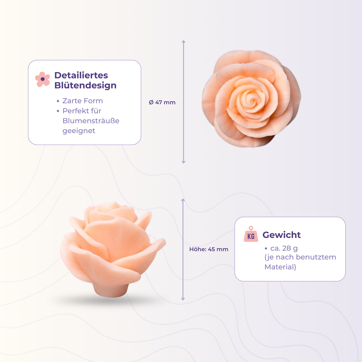 Rose 16 aus der 3D-Silikonform – Maße und Gewicht des Gießlings