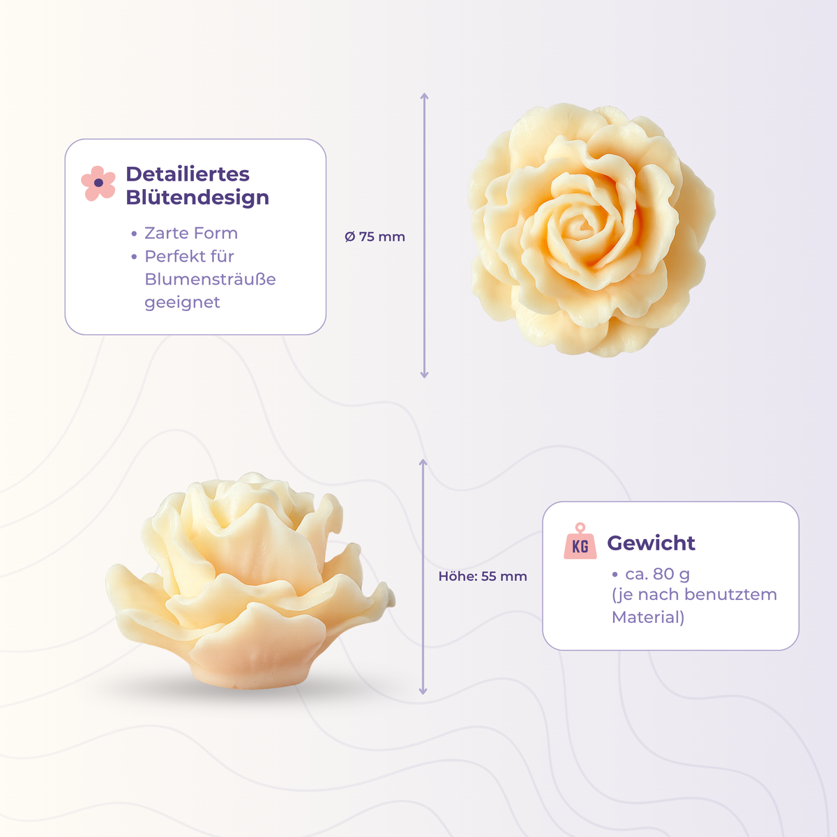 Rose 3 aus der 3D-Silikonform – Maße und Gewicht des Gießlings