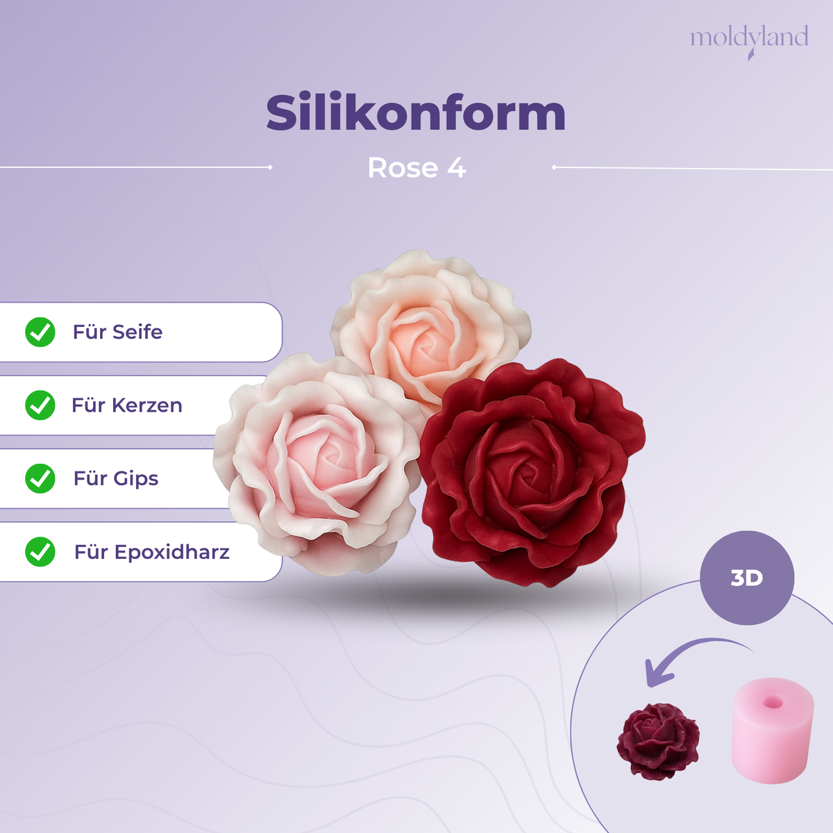 3D-Silikonform Rose 4 – Gießform für Seife, Kerzen, Gips und Harz