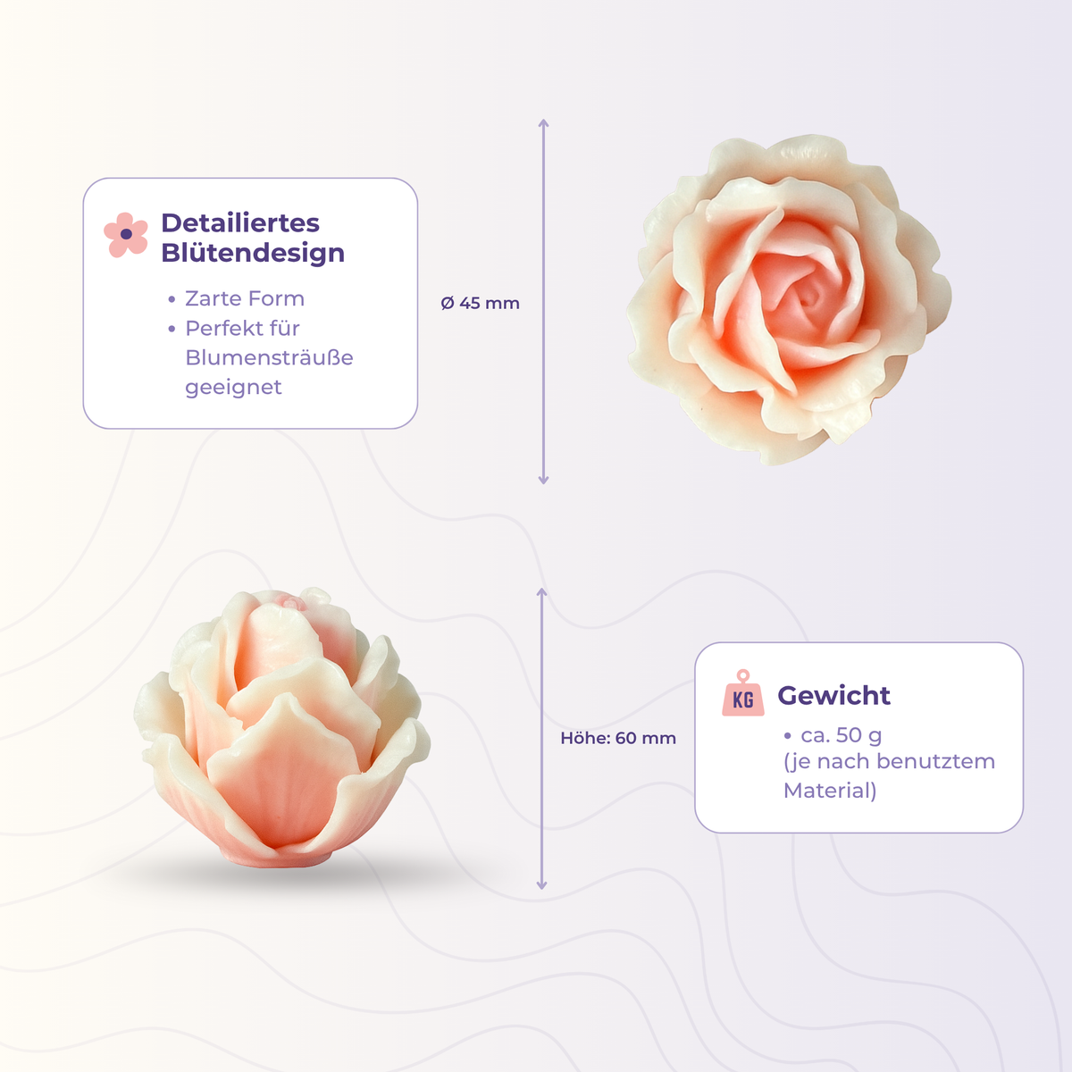 Rose 4 aus der 3D-Silikonform – Maße und Gewicht des Gießlings