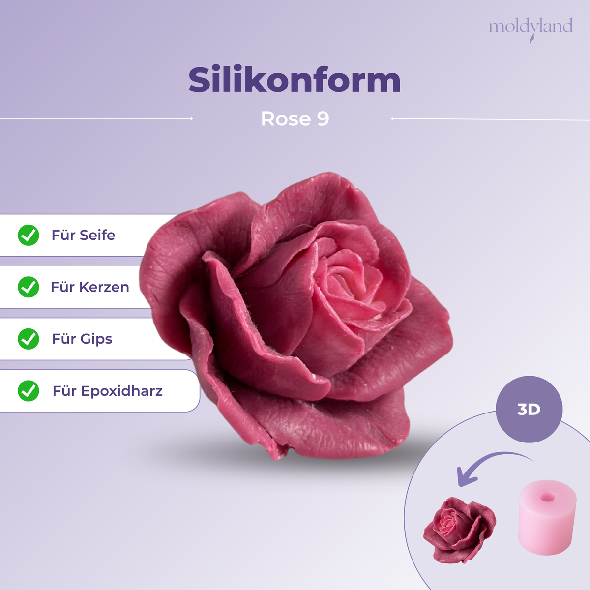 3D-Silikonform Rose 9 – Gießform für Seife, Kerzen, Gips und Harz